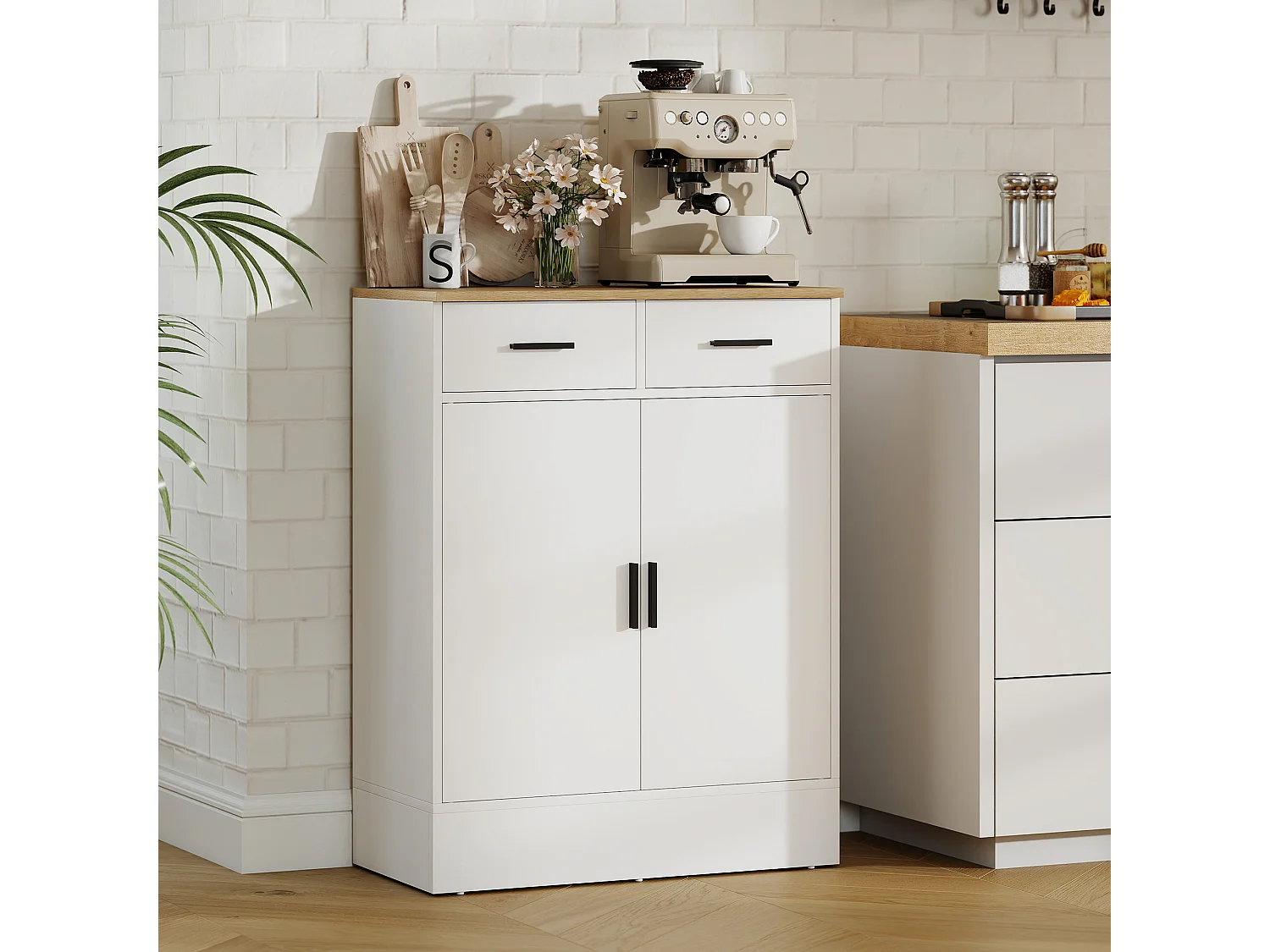 Buffet rangement cuisine 2 portes 2 tiroirs étagère - dim. 68 x 35 x 90 cm - effet bois clair blanc