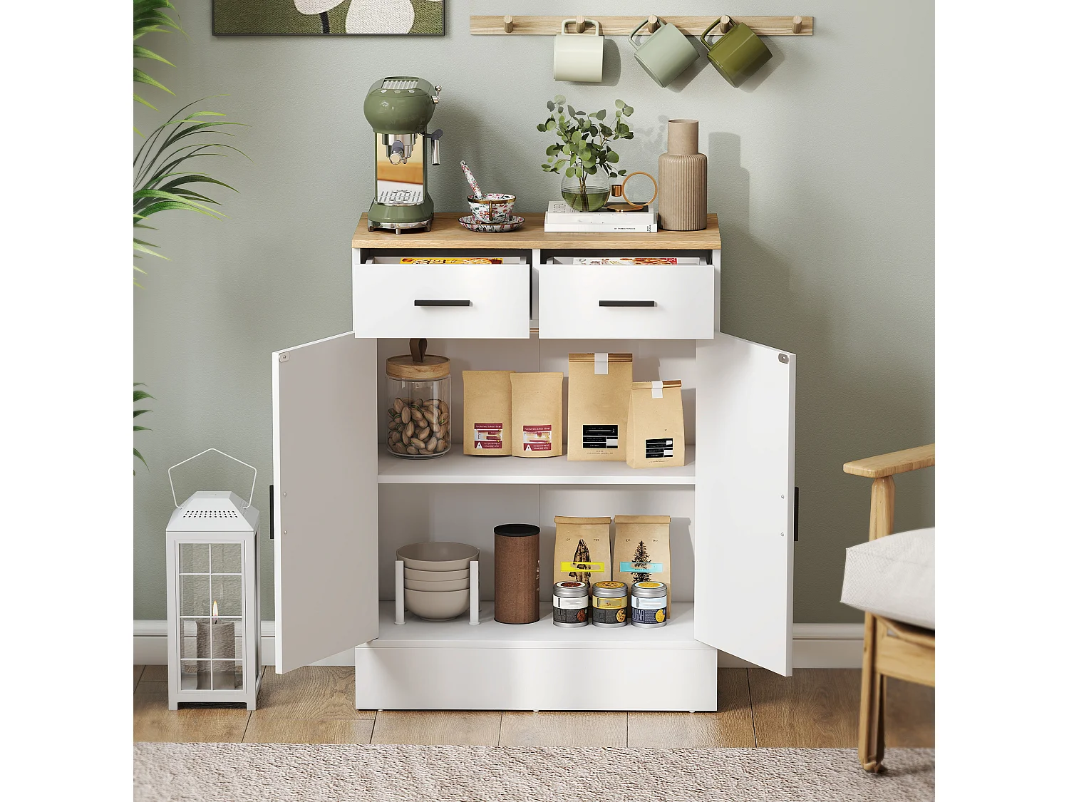 Buffet rangement cuisine 2 portes 2 tiroirs étagère - dim. 68 x 35 x 90 cm - effet bois clair blanc