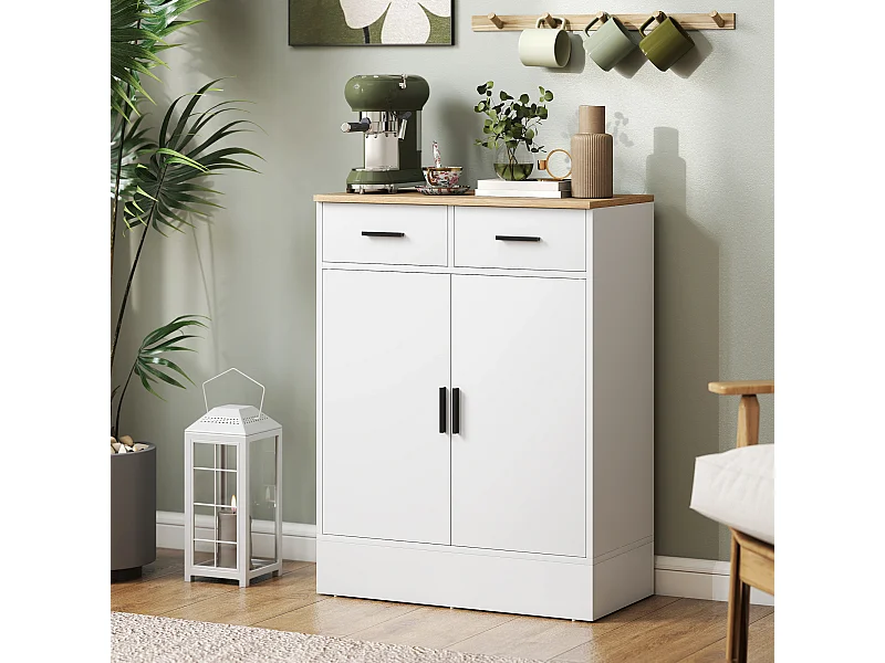 Buffet rangement cuisine 2 portes 2 tiroirs étagère - dim. 68 x 35 x 90 cm - effet bois clair blanc