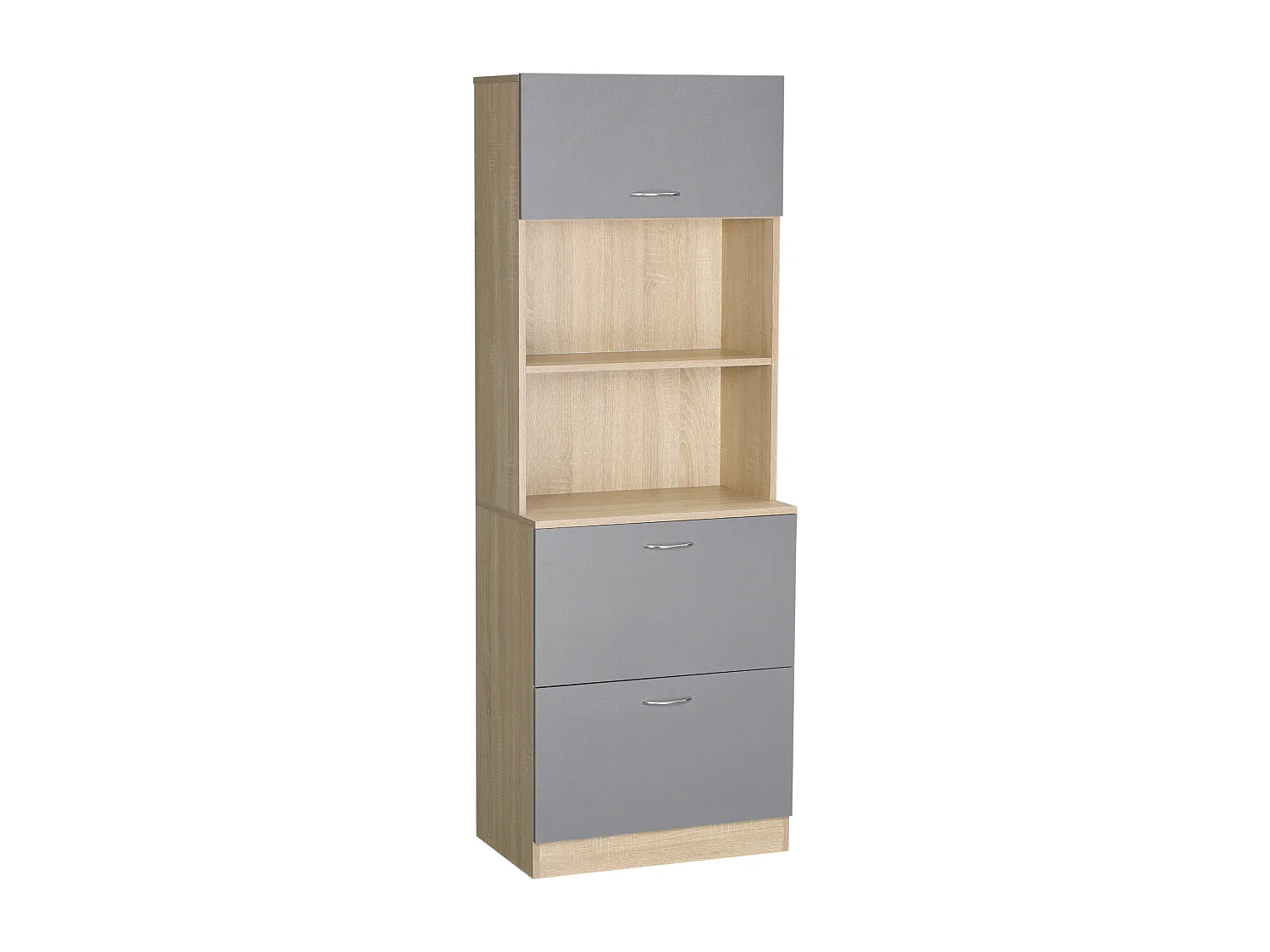 Buffet haut - armoire de cuisine - 2 tiroirs coulissants, placard haut porte relevable, niche, plateau - aspect bois clair gris