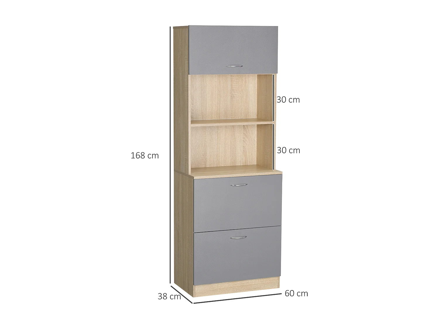 Buffet haut - armoire de cuisine - 2 tiroirs coulissants, placard haut porte relevable, niche, plateau - aspect bois clair gris