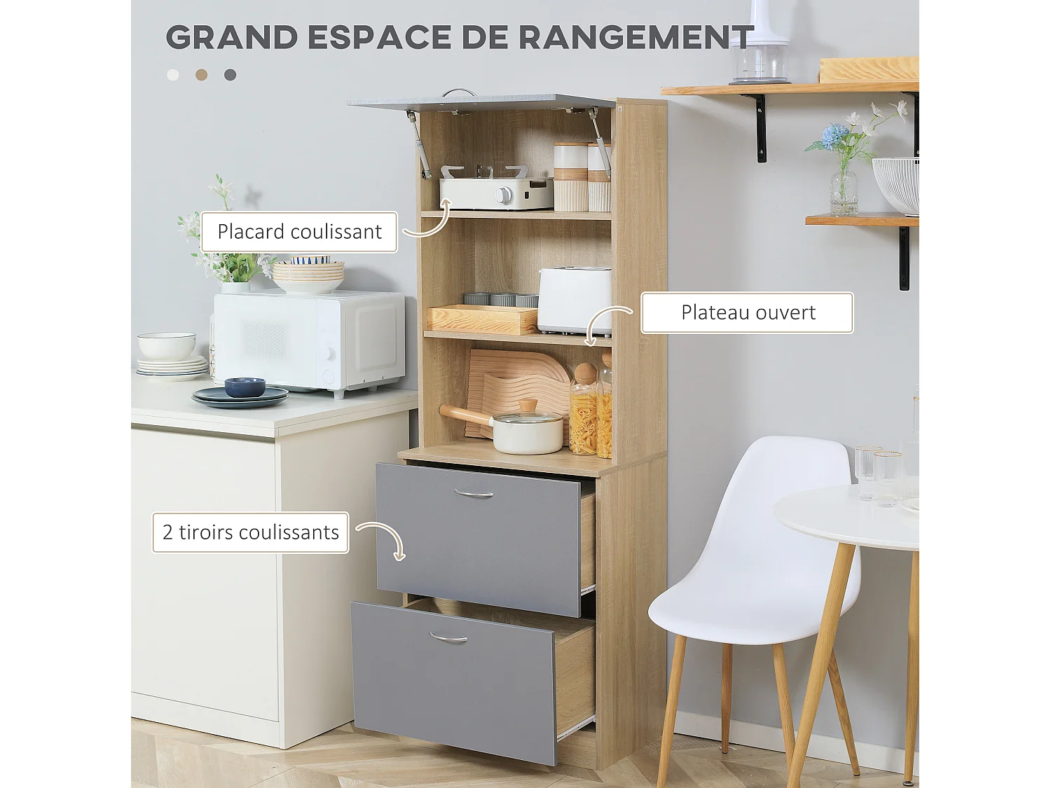 Buffet haut - armoire de cuisine - 2 tiroirs coulissants, placard haut porte relevable, niche, plateau - aspect bois clair gris