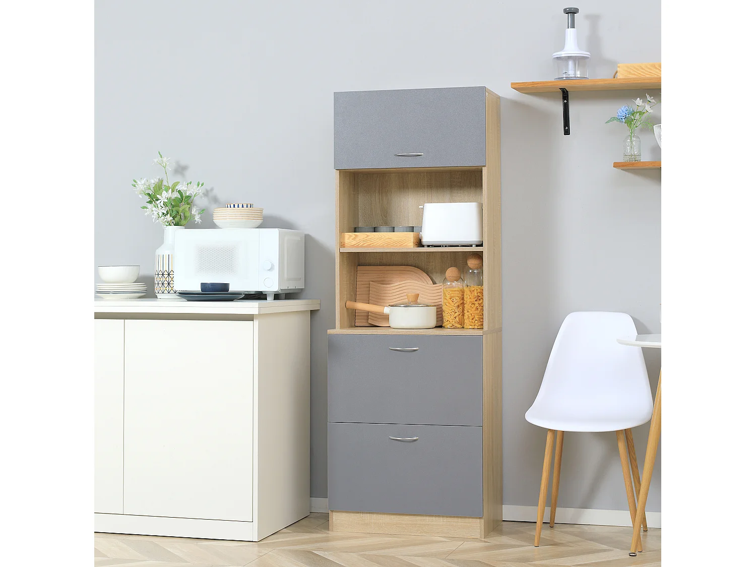 Buffet haut - armoire de cuisine - 2 tiroirs coulissants, placard haut porte relevable, niche, plateau - aspect bois clair gris