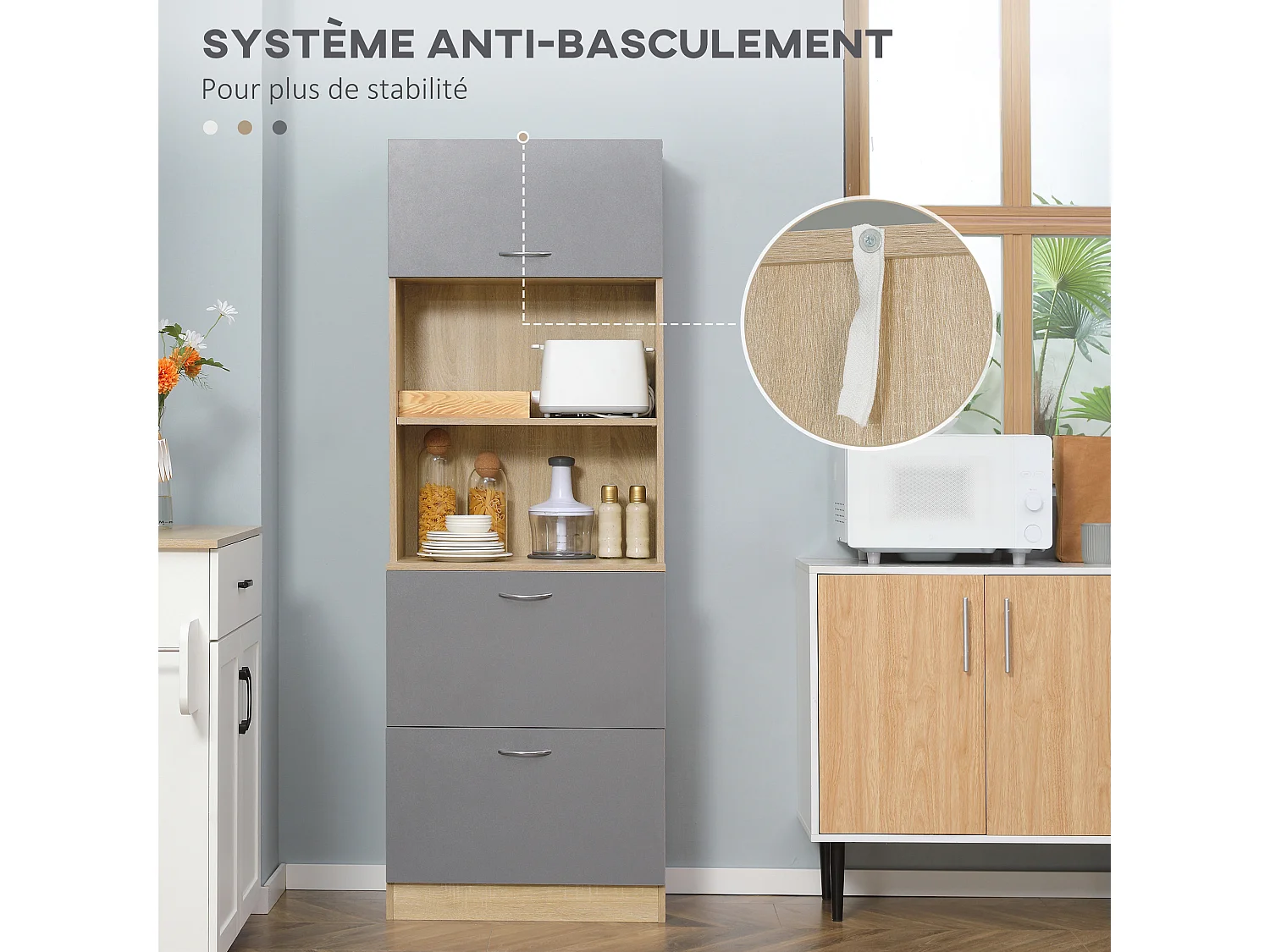 Buffet haut - armoire de cuisine - 2 tiroirs coulissants, placard haut porte relevable, niche, plateau - aspect bois clair gris