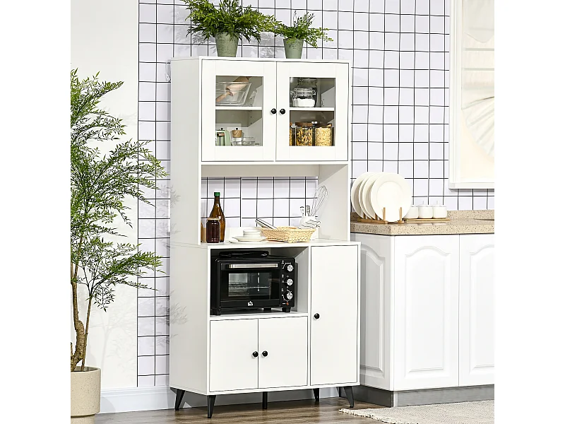 Buffet haut armoire de cuisine sur pied - 5 portes, 4 étagères, niche, plan de travail - blanc noir