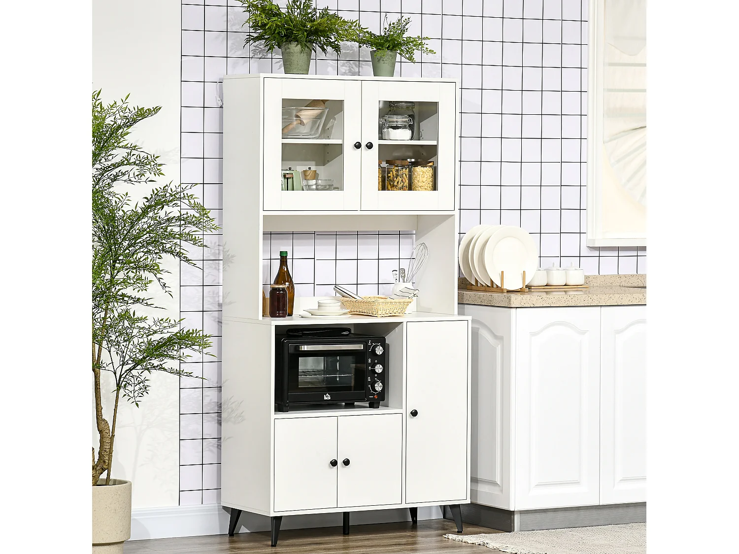 Buffet haut armoire de cuisine sur pied - 5 portes, 4 étagères, niche, plan de travail - blanc noir