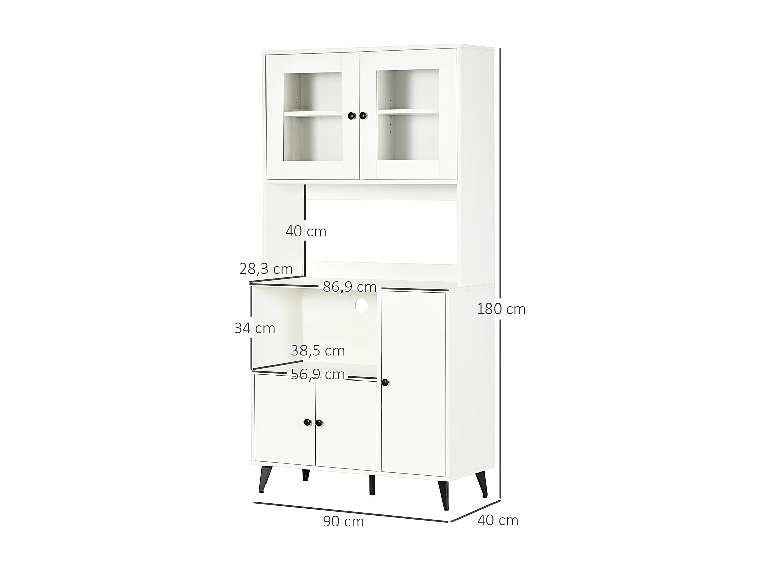 Buffet haut armoire de cuisine sur pied - 5 portes, 4 étagères, niche, plan de travail - blanc noir