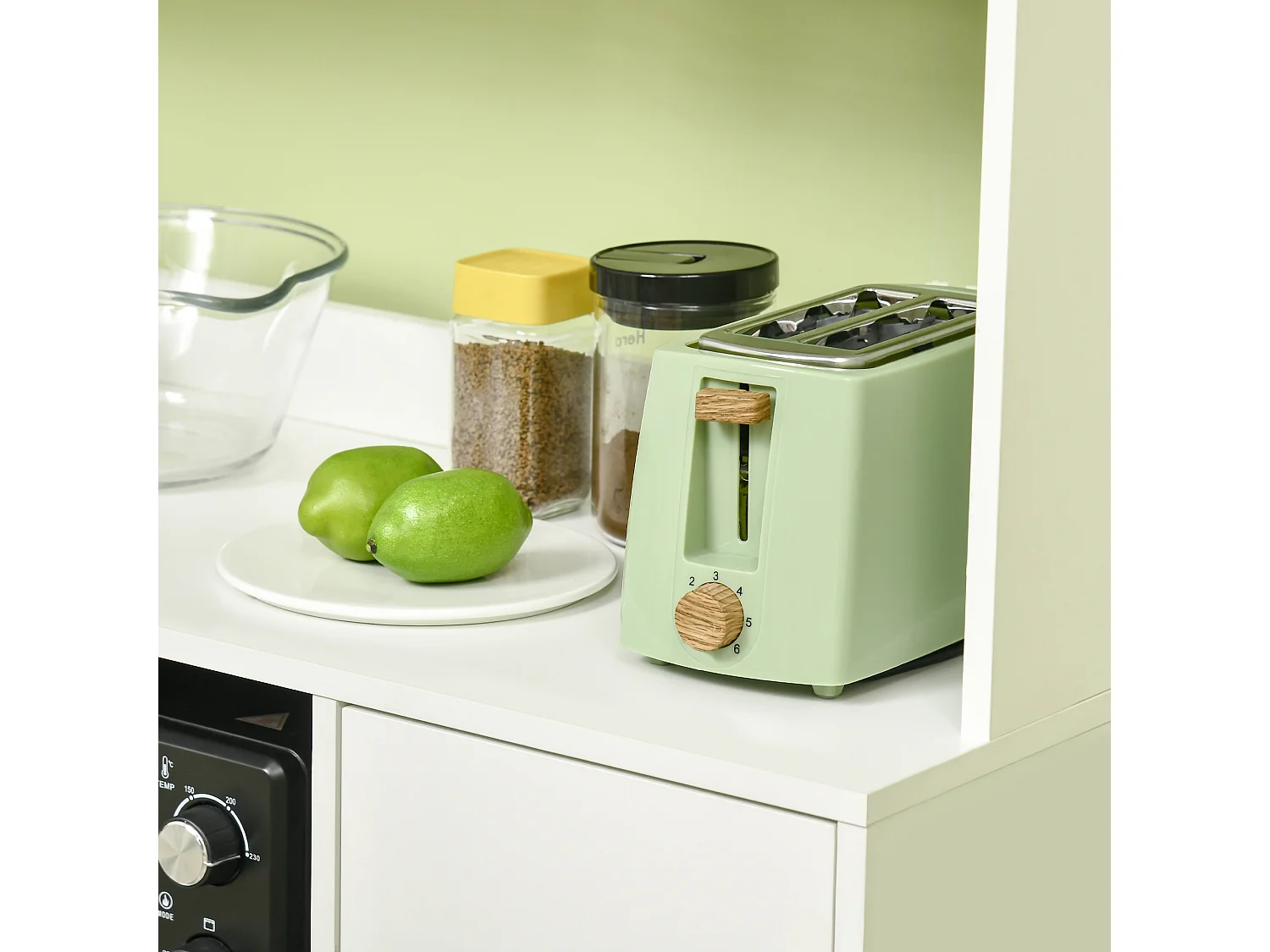 Buffet haut armoire de cuisine sur pied - 5 portes, 4 étagères, niche, plan de travail - blanc noir