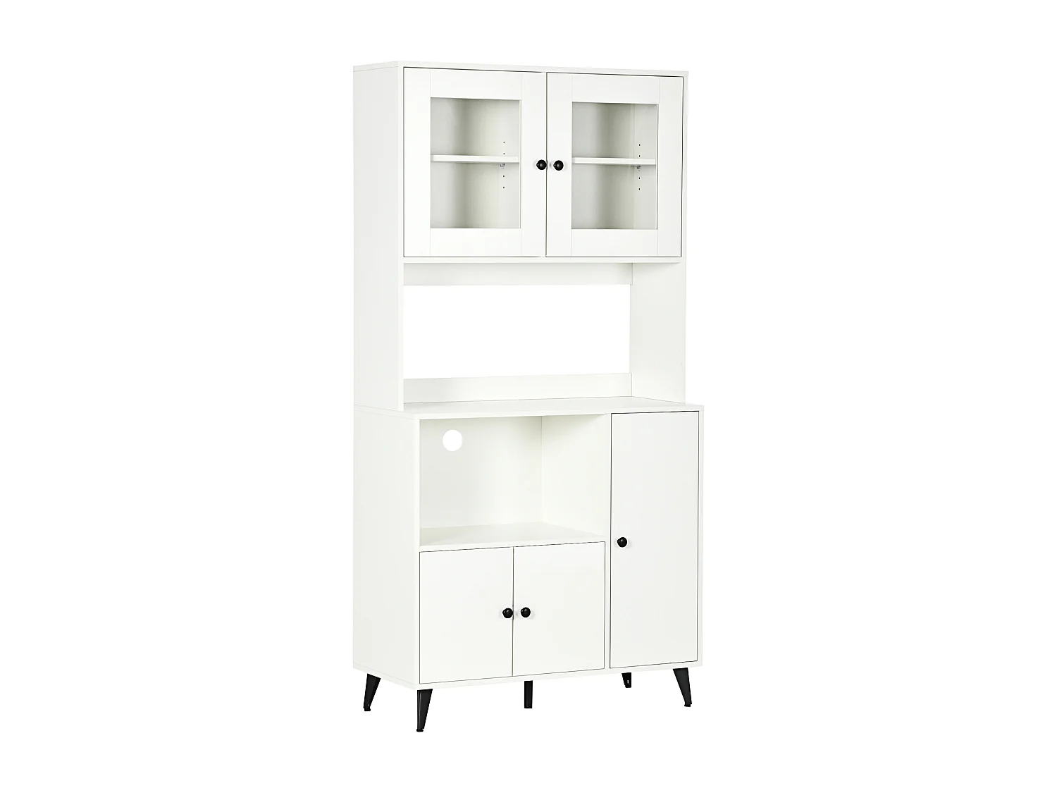 Buffet haut armoire de cuisine sur pied - 5 portes, 4 étagères, niche, plan de travail - blanc noir
