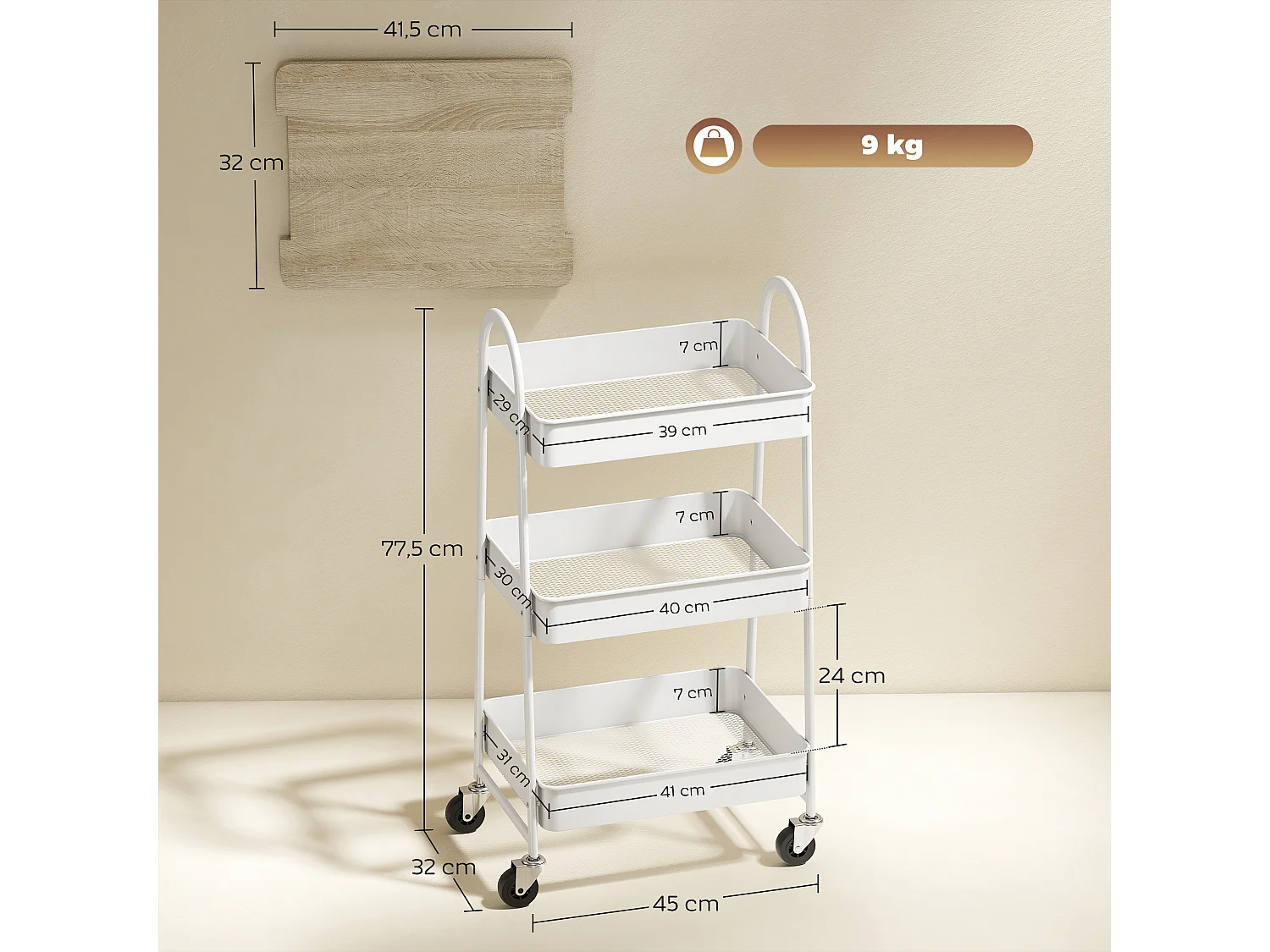 Desserte style nordique 3 niveaux effet bois clair métal blanc
