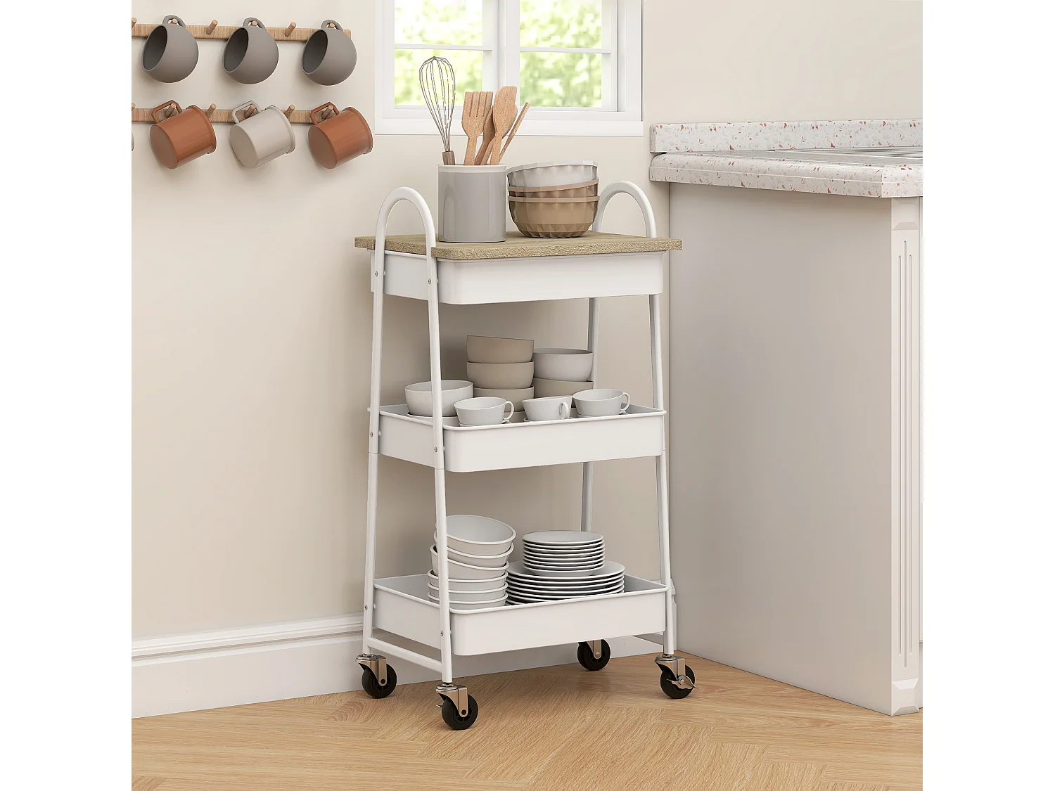 Desserte style nordique 3 niveaux effet bois clair métal blanc