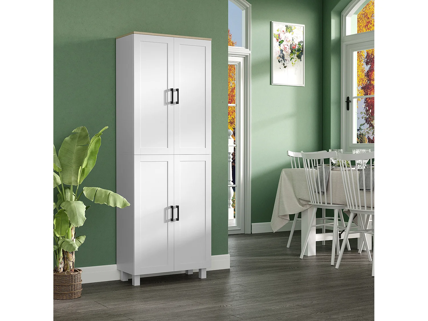 Buffet haut - armoire de cuisine - buffet cuisine vaisselier - 5 étagères - poignées métal noir effet bois clair blanc