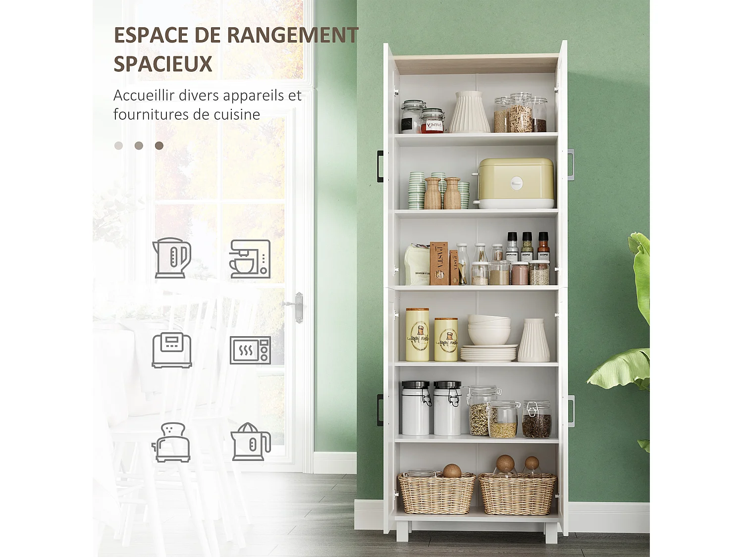 Buffet haut - armoire de cuisine - buffet cuisine vaisselier - 5 étagères - poignées métal noir effet bois clair blanc