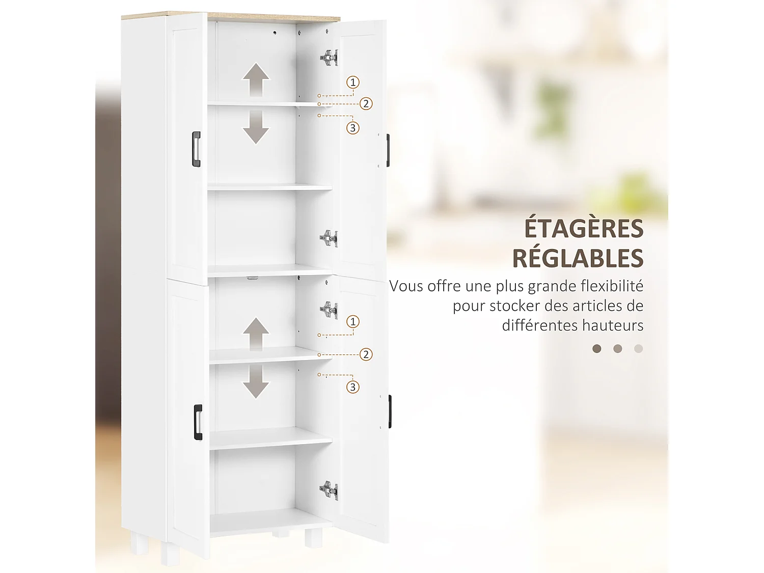 Buffet haut - armoire de cuisine - buffet cuisine vaisselier - 5 étagères - poignées métal noir effet bois clair blanc