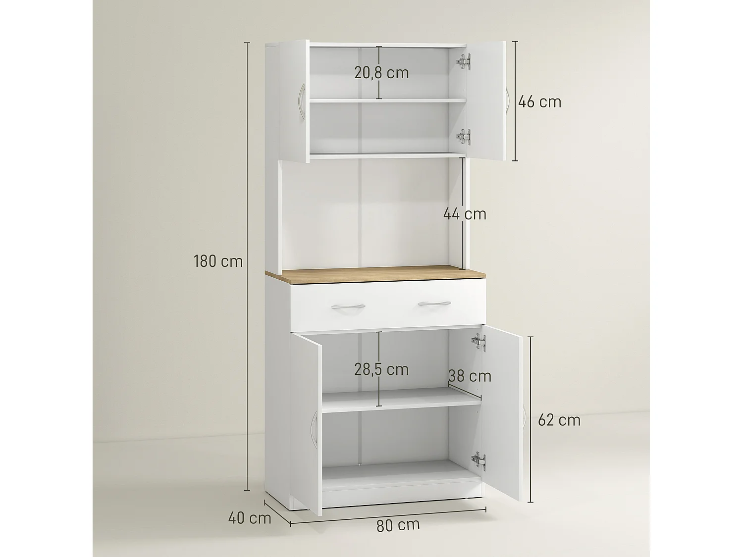 Buffet haut - armoire de cuisine - 4 portes, 2 étagères, grand tiroir, plan de travail - dim. 80 x 40 x 180 cm - blanc