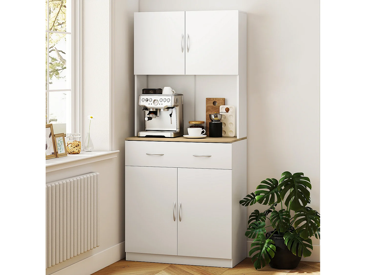 Buffet haut - armoire de cuisine - 4 portes, 2 étagères, grand tiroir, plan de travail - dim. 80 x 40 x 180 cm - blanc