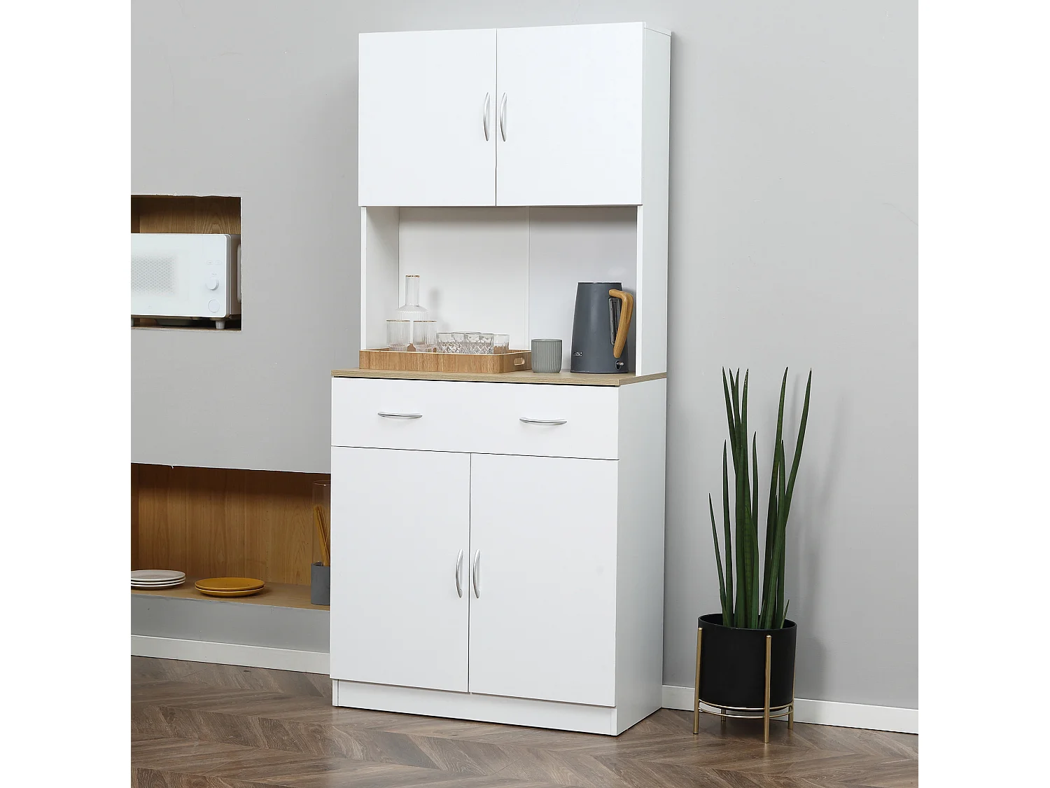 Buffet haut - armoire de cuisine - 4 portes, 2 étagères, grand tiroir, plan de travail - dim. 80 x 40 x 180 cm - blanc