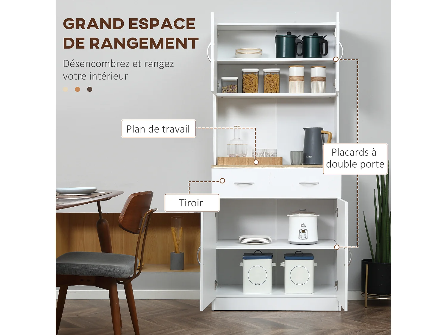 Buffet haut - armoire de cuisine - 4 portes, 2 étagères, grand tiroir, plan de travail - dim. 80 x 40 x 180 cm - blanc