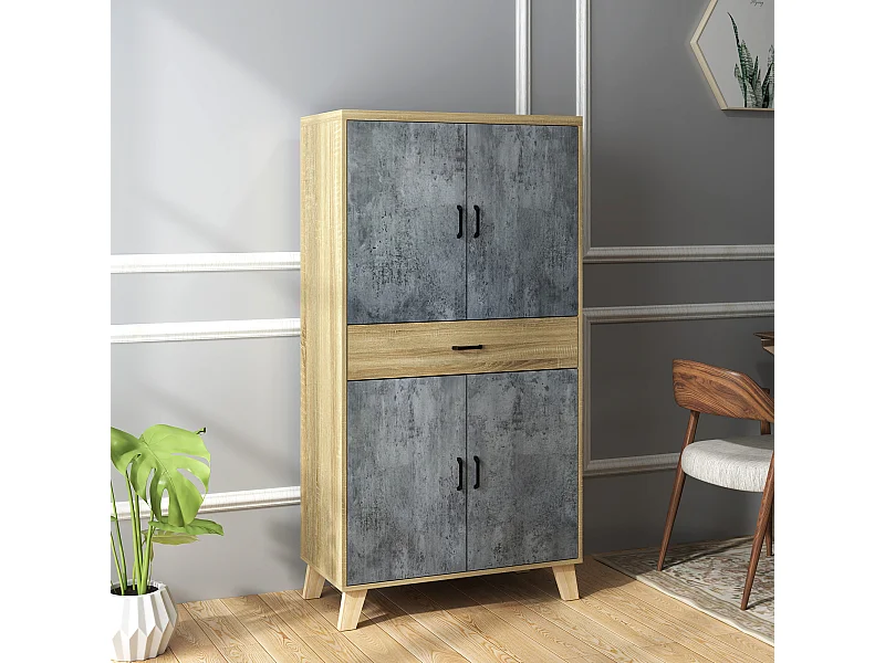 Buffet haut vaisselier - 4 portes 2 étagères tiroir - dim. 80L x 40l x 152H cm - effet bois naturel béton ciré
