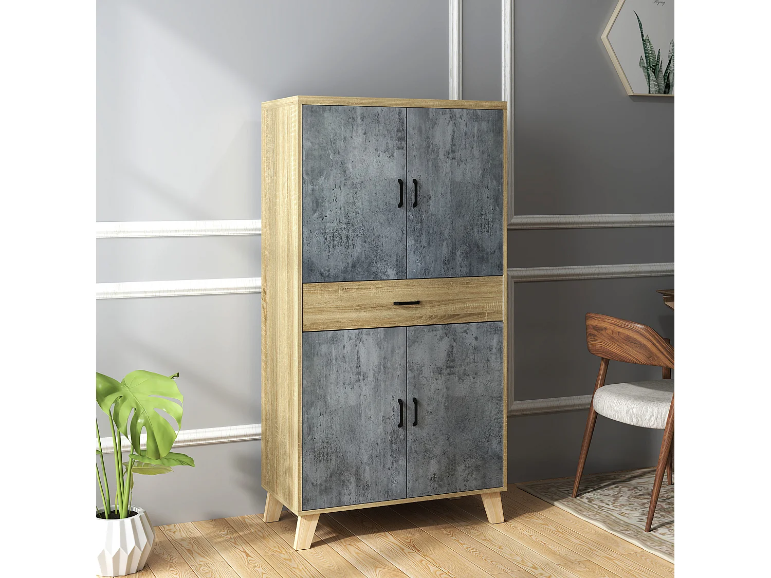 Buffet haut vaisselier - 4 portes 2 étagères tiroir - dim. 80L x 40l x 152H cm - effet bois naturel béton ciré