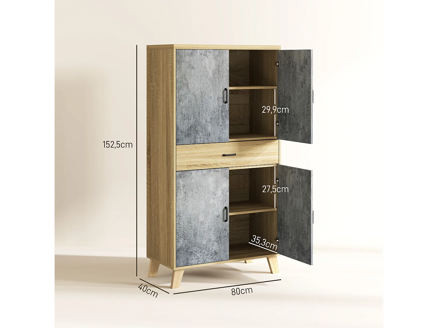 Buffet haut vaisselier - 4 portes 2 étagères tiroir - dim. 80L x 40l x 152H cm - effet bois naturel béton ciré