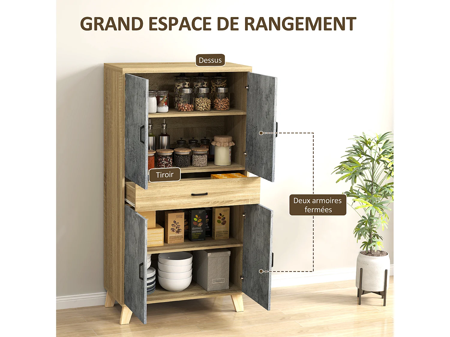 Buffet haut vaisselier - 4 portes 2 étagères tiroir - dim. 80L x 40l x 152H cm - effet bois naturel béton ciré