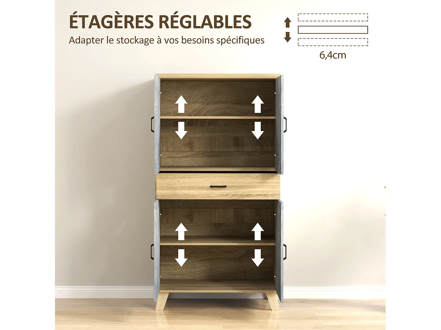 Buffet haut vaisselier - 4 portes 2 étagères tiroir - dim. 80L x 40l x 152H cm - effet bois naturel béton ciré
