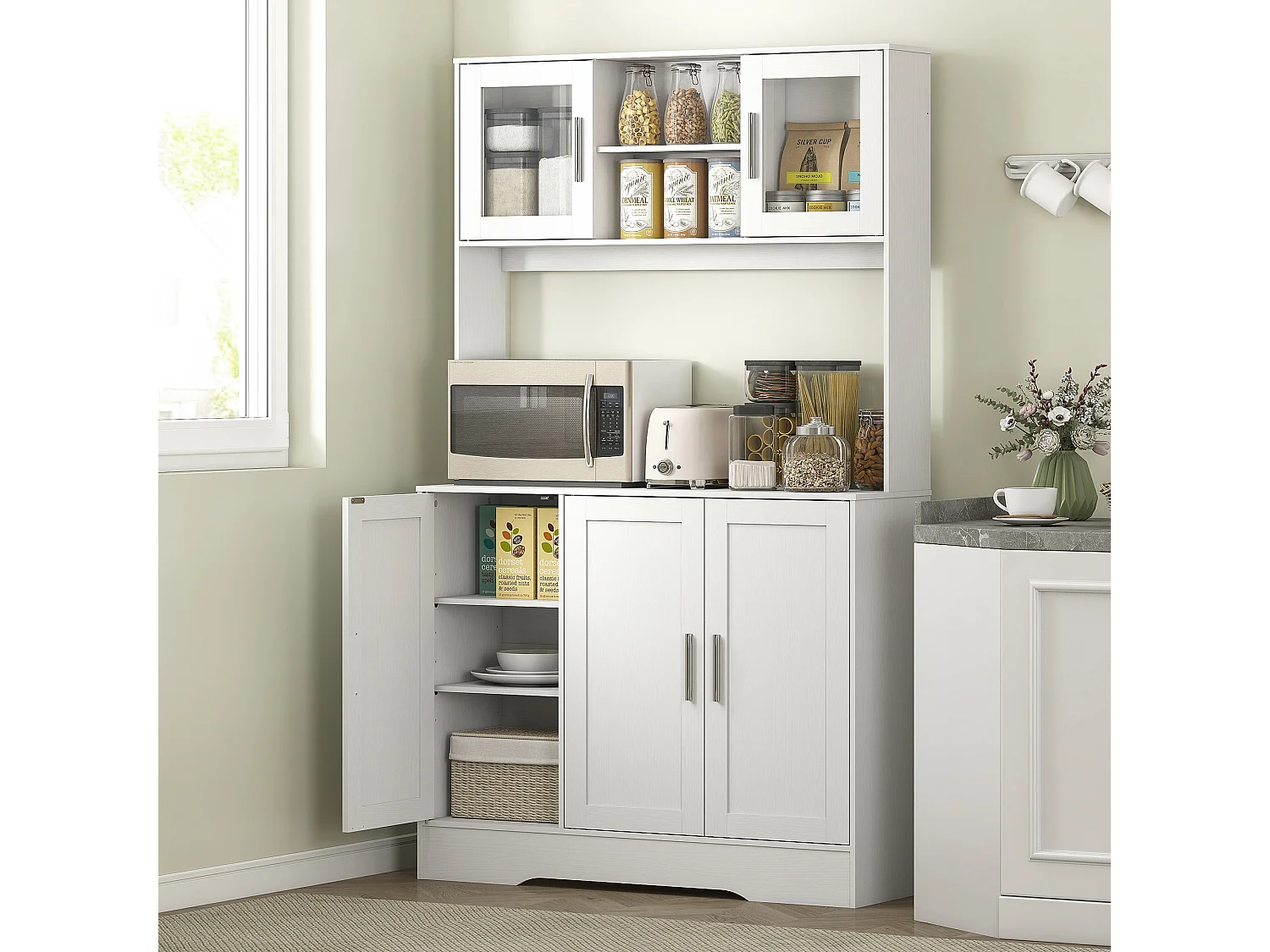 Buffet haut cuisine - vaisselier vitrine 4 portes, 3 étagères, 2+1 niches - blanc