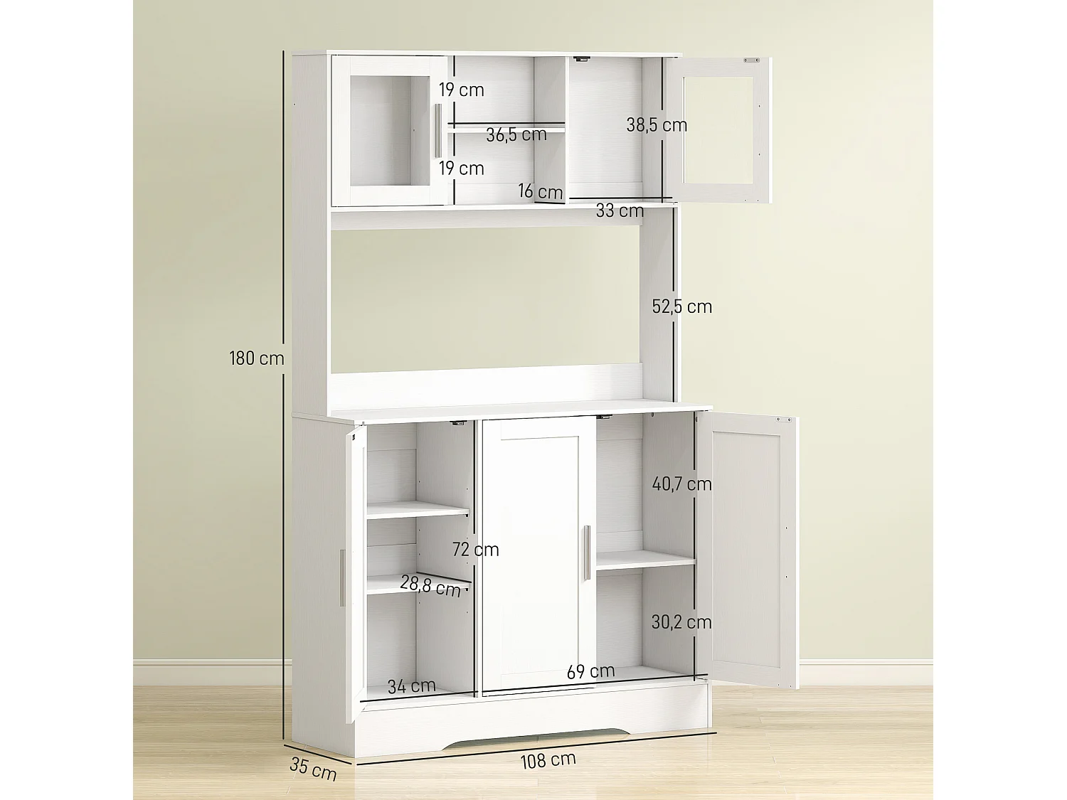 Buffet haut cuisine - vaisselier vitrine 4 portes, 3 étagères, 2+1 niches - blanc