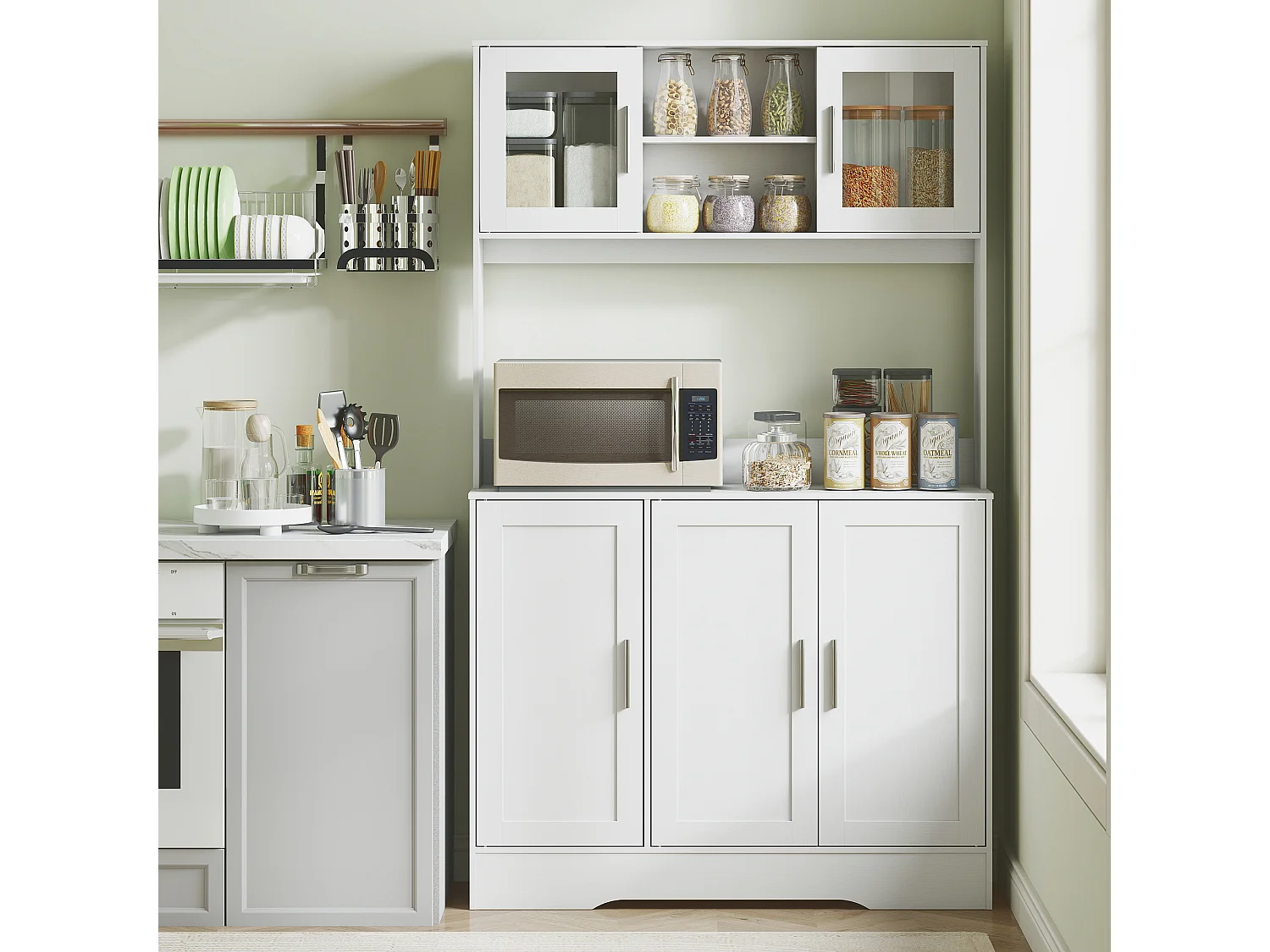 Buffet haut cuisine - vaisselier vitrine 4 portes, 3 étagères, 2+1 niches - blanc