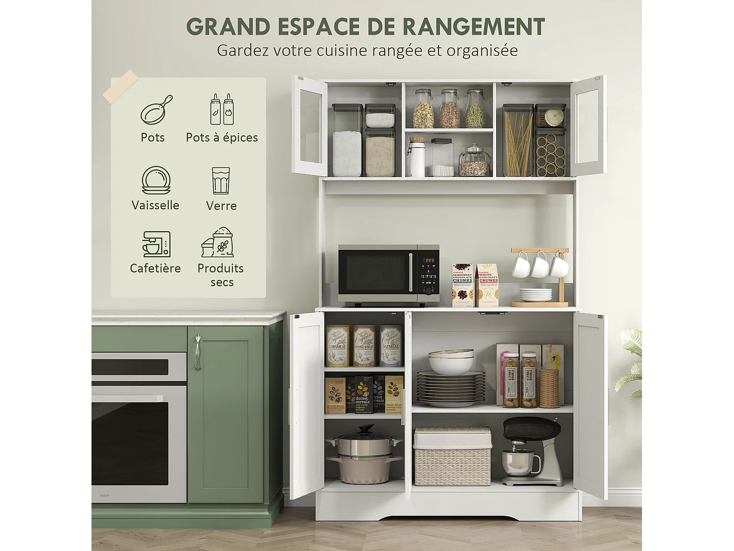 Buffet haut cuisine - vaisselier vitrine 4 portes, 3 étagères, 2+1 niches - blanc