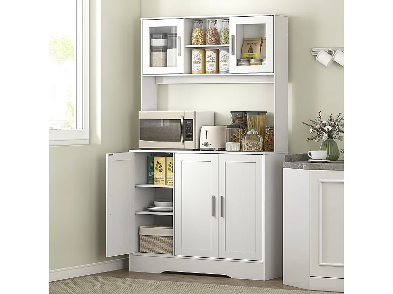 Buffet haut cuisine - vaisselier vitrine 4 portes, 3 étagères, 2+1 niches - blanc