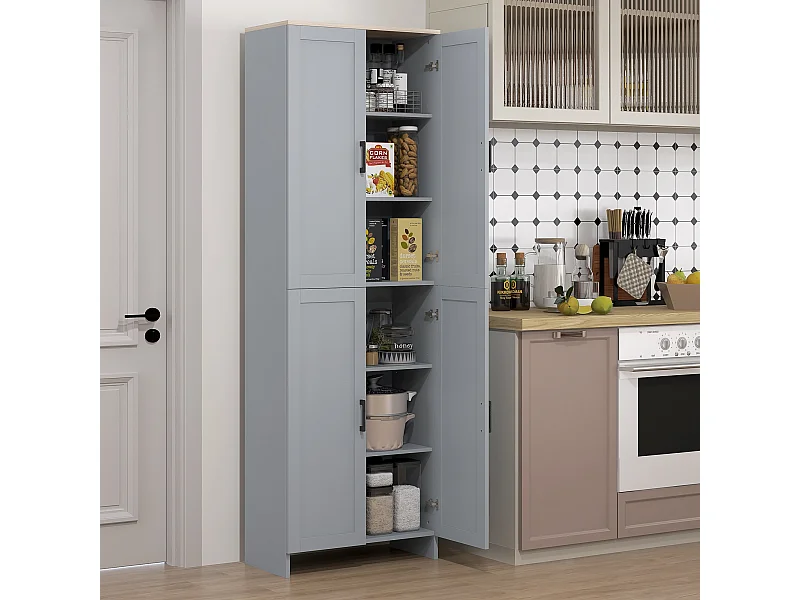 Buffet haut - armoire de cuisine - buffet cuisine vaisselier - 5 étagères - poignées métal noir effet bois clair gris pigeon