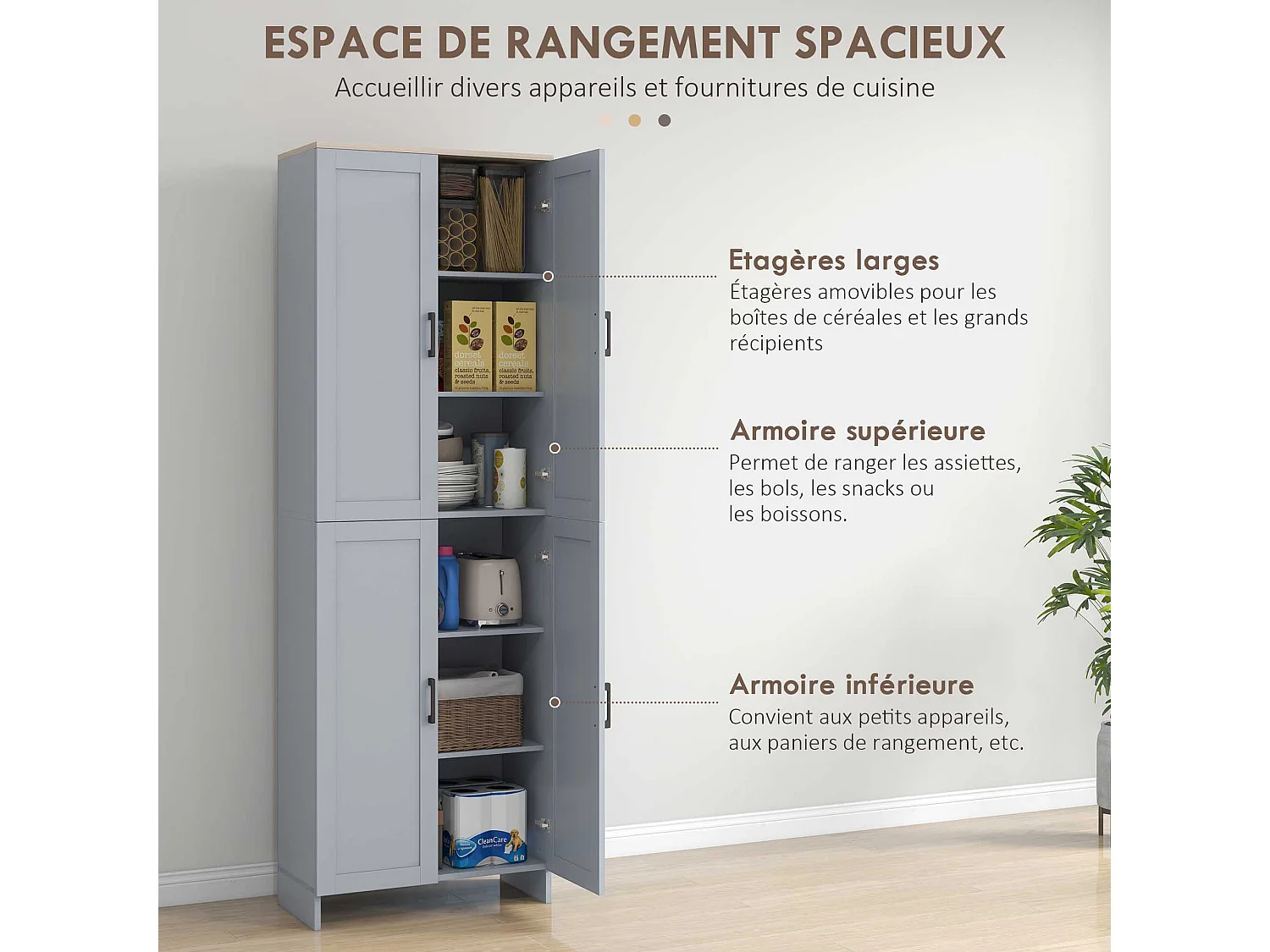 Buffet haut - armoire de cuisine - buffet cuisine vaisselier - 5 étagères - poignées métal noir effet bois clair gris pigeon