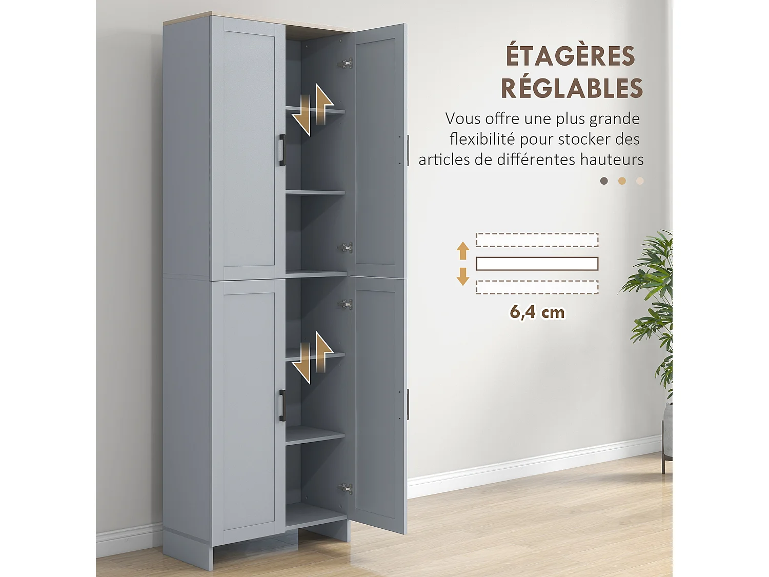 Buffet haut - armoire de cuisine - buffet cuisine vaisselier - 5 étagères - poignées métal noir effet bois clair gris pigeon