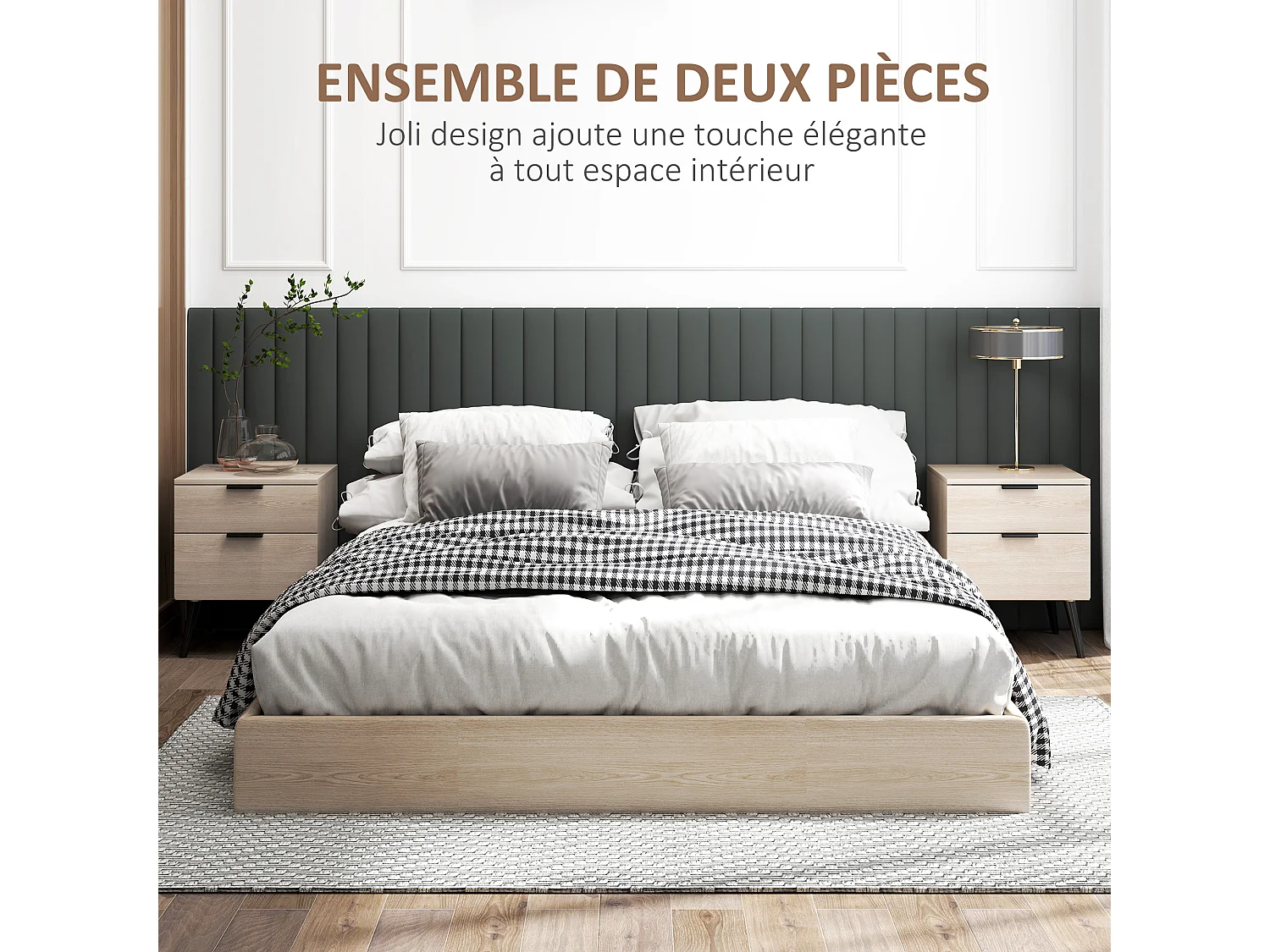 Lot de 2 chevets tables de nuit style nordique - 2 tiroirs - piètement effilé bois noir aspect chêne clair