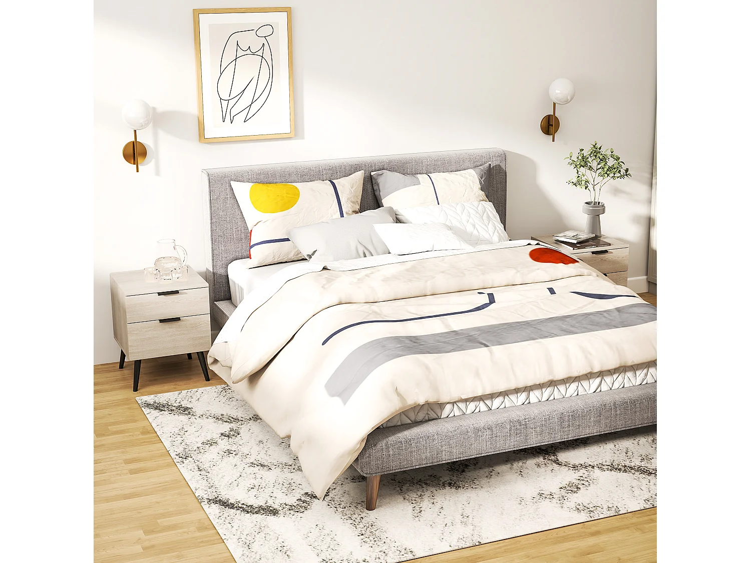 Lot de 2 chevets tables de nuit style nordique - 2 tiroirs - piètement effilé bois noir aspect chêne clair