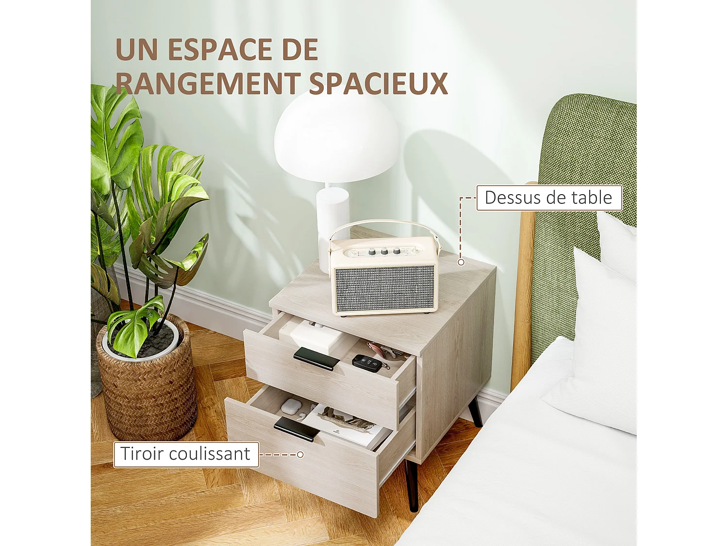 Lot de 2 chevets tables de nuit style nordique - 2 tiroirs - piètement effilé bois noir aspect chêne clair