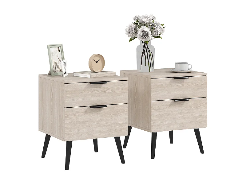 Lot de 2 chevets tables de nuit style nordique - 2 tiroirs - piètement effilé bois noir aspect chêne clair