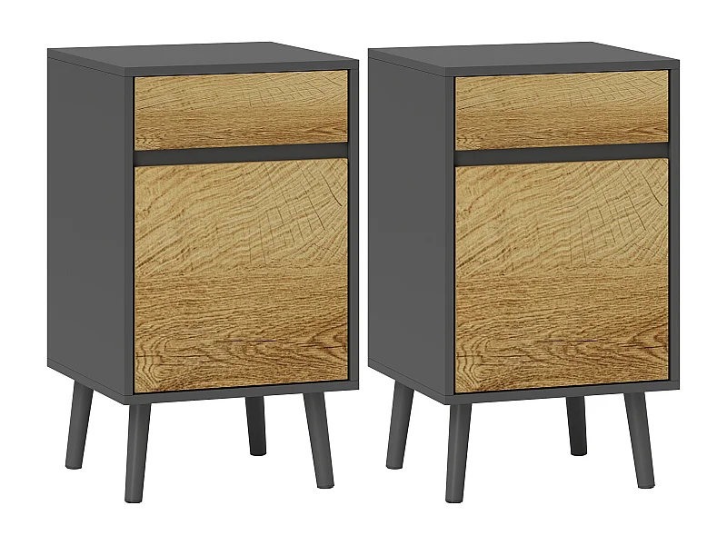 Lot de 2 chevets tables de nuit dim. 40 x 39 x 69 cm - tiroir, porte, étagère - piètement bois effet bois gris