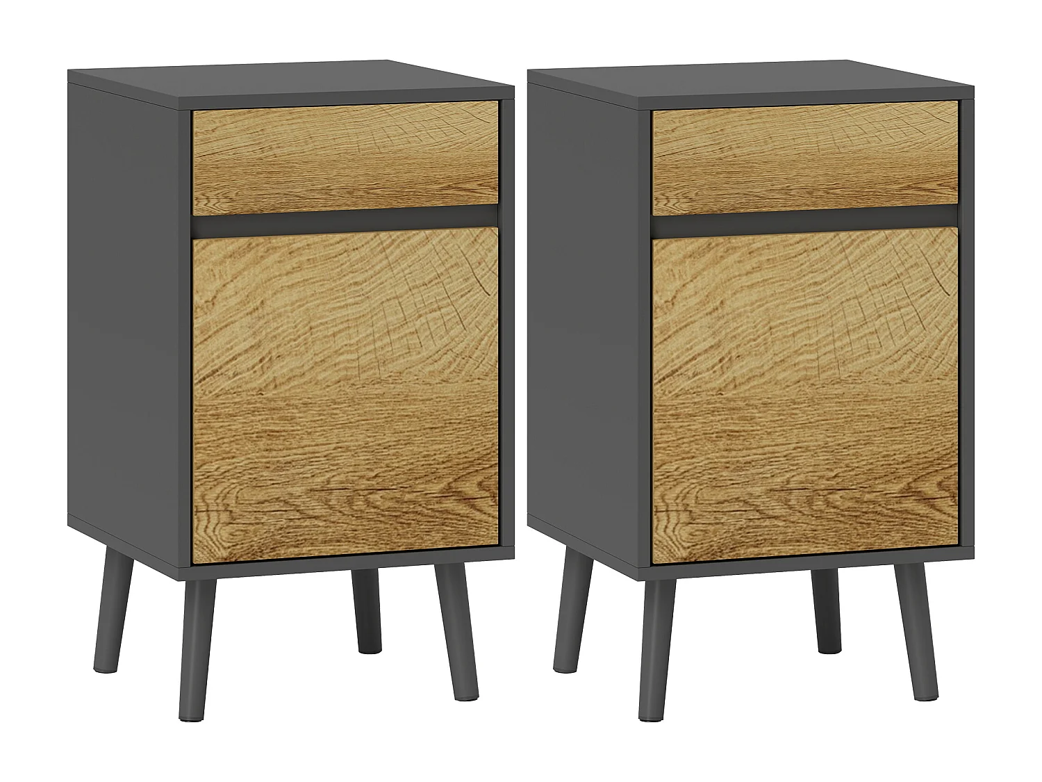 Lot de 2 chevets tables de nuit dim. 40 x 39 x 69 cm - tiroir, porte, étagère - piètement bois effet bois gris