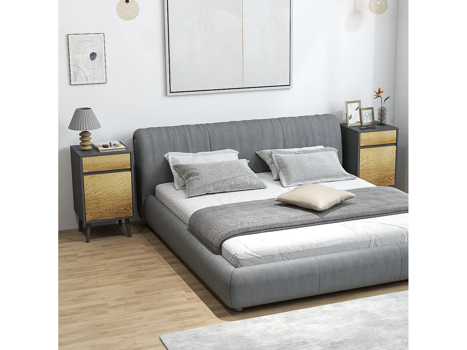 Lot de 2 chevets tables de nuit dim. 40 x 39 x 69 cm - tiroir, porte, étagère - piètement bois effet bois gris