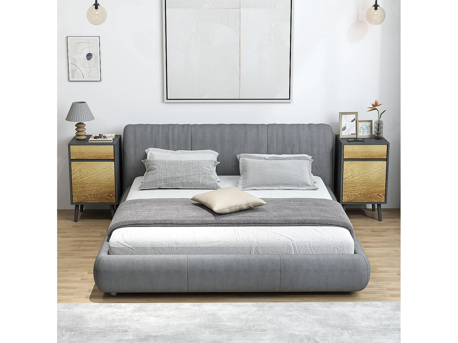 Lot de 2 chevets tables de nuit dim. 40 x 39 x 69 cm - tiroir, porte, étagère - piètement bois effet bois gris