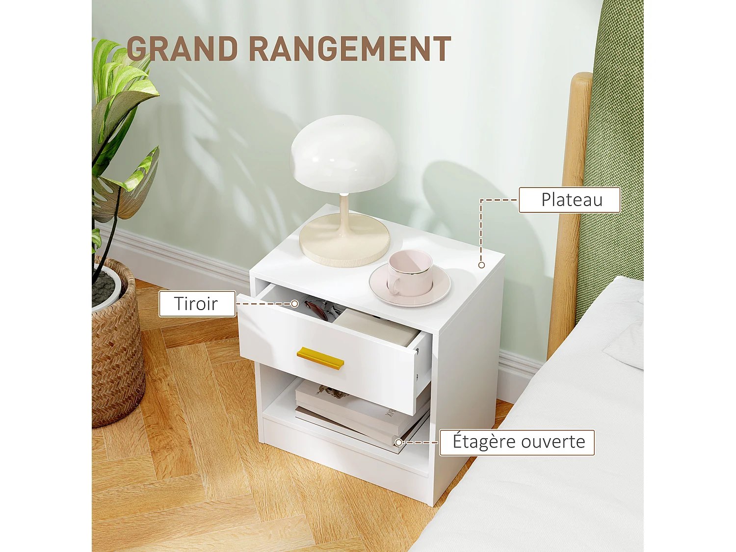 Lot de 2 chevets - tables de nuit - tiroir, niche, plateau - poignée métal doré blanc