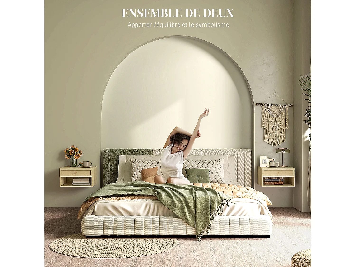 Lot de 2 chevets suspendus - tiroir, niche, plateau - cannage rotin aspect bois clair