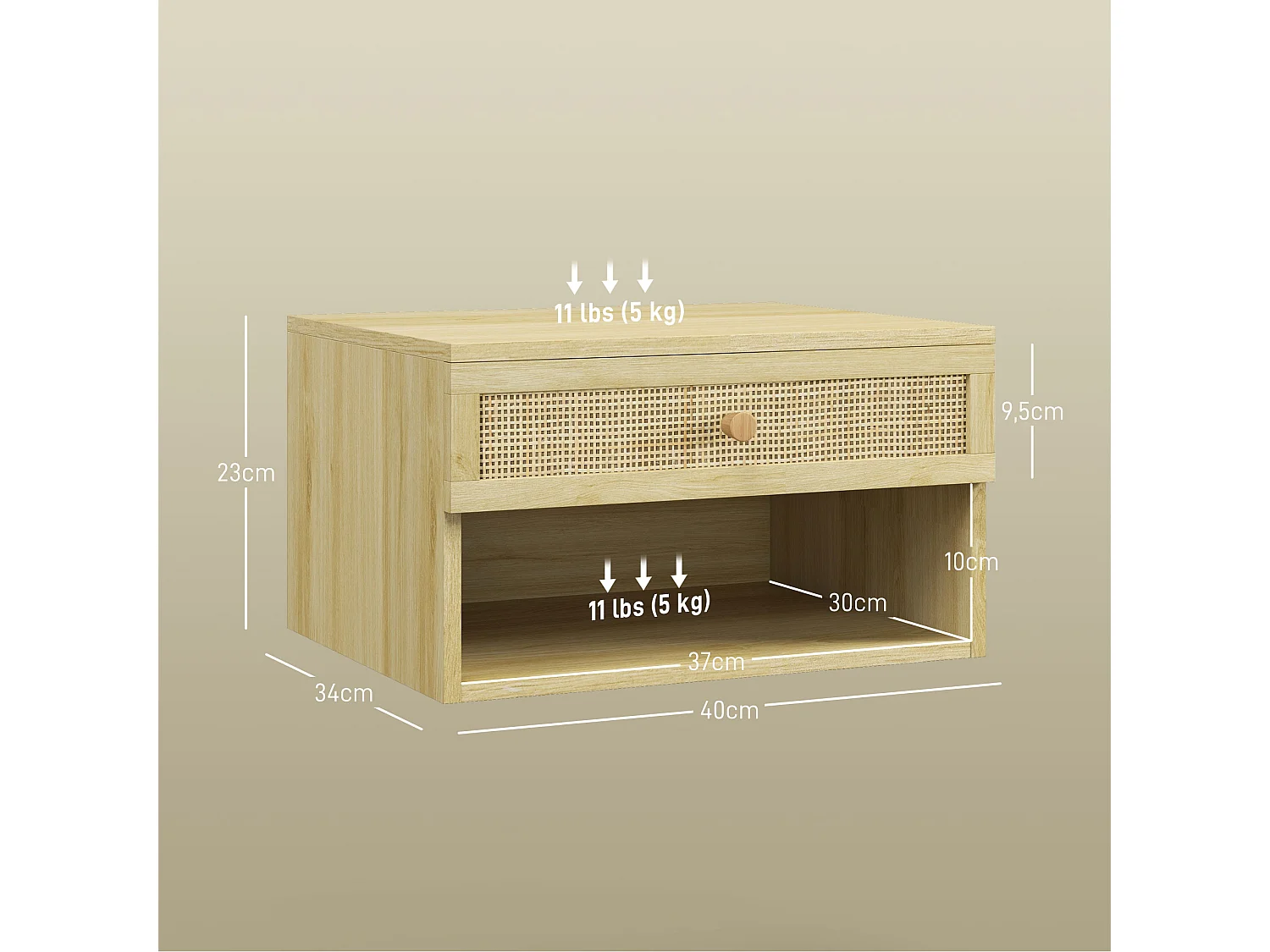 Lot de 2 chevets suspendus - tiroir, niche, plateau - cannage rotin aspect bois clair