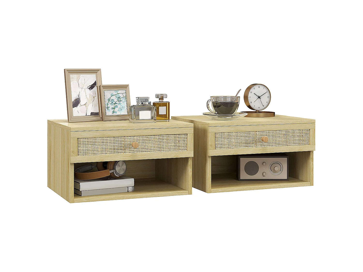Lot de 2 chevets suspendus - tiroir, niche, plateau - cannage rotin aspect bois clair