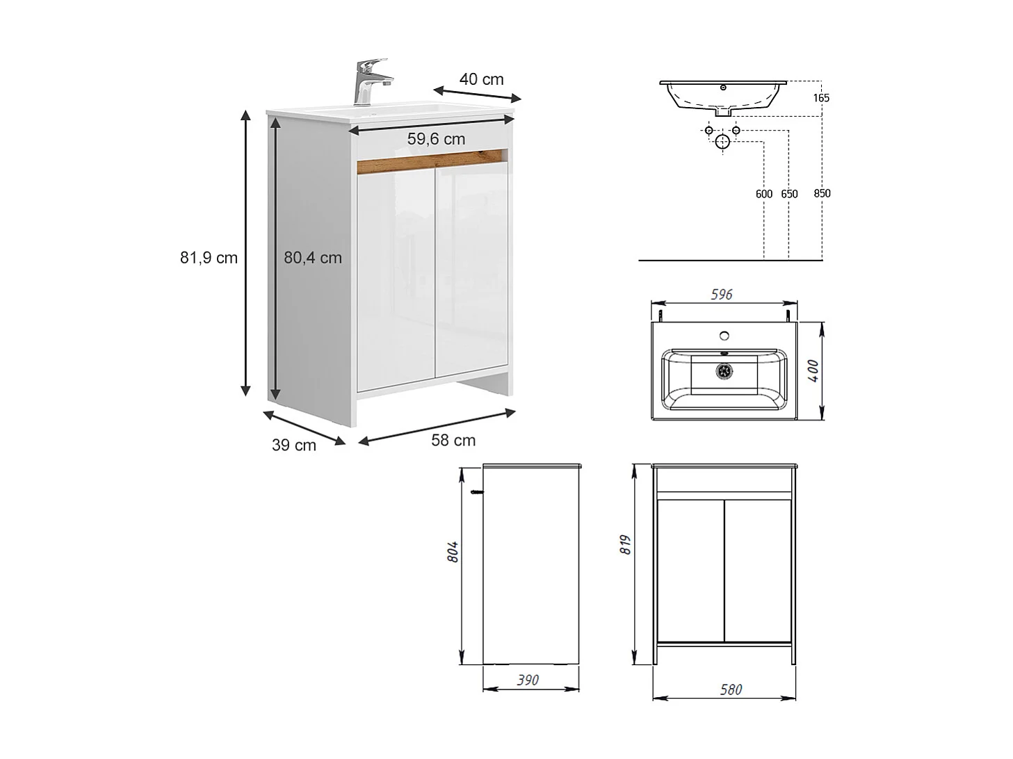 Conjunto de muebles de baño blanco alto brillo 59.6x40x81.9 lemgo