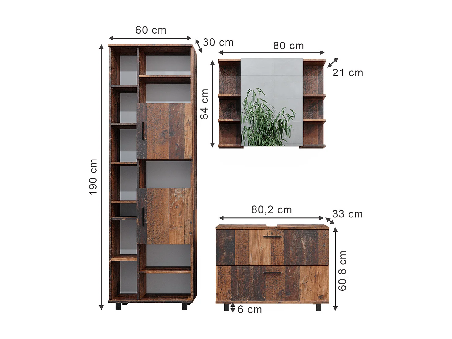 Meubles bain chêne rustique 80.2x33x60.8 ilias