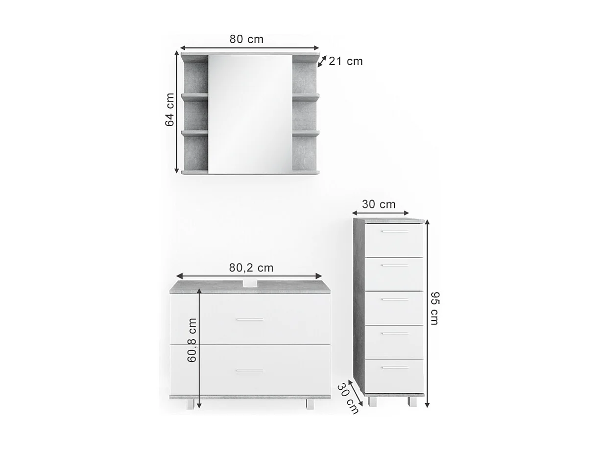 Meubles bain béton/blanc 80x33x60 ilias